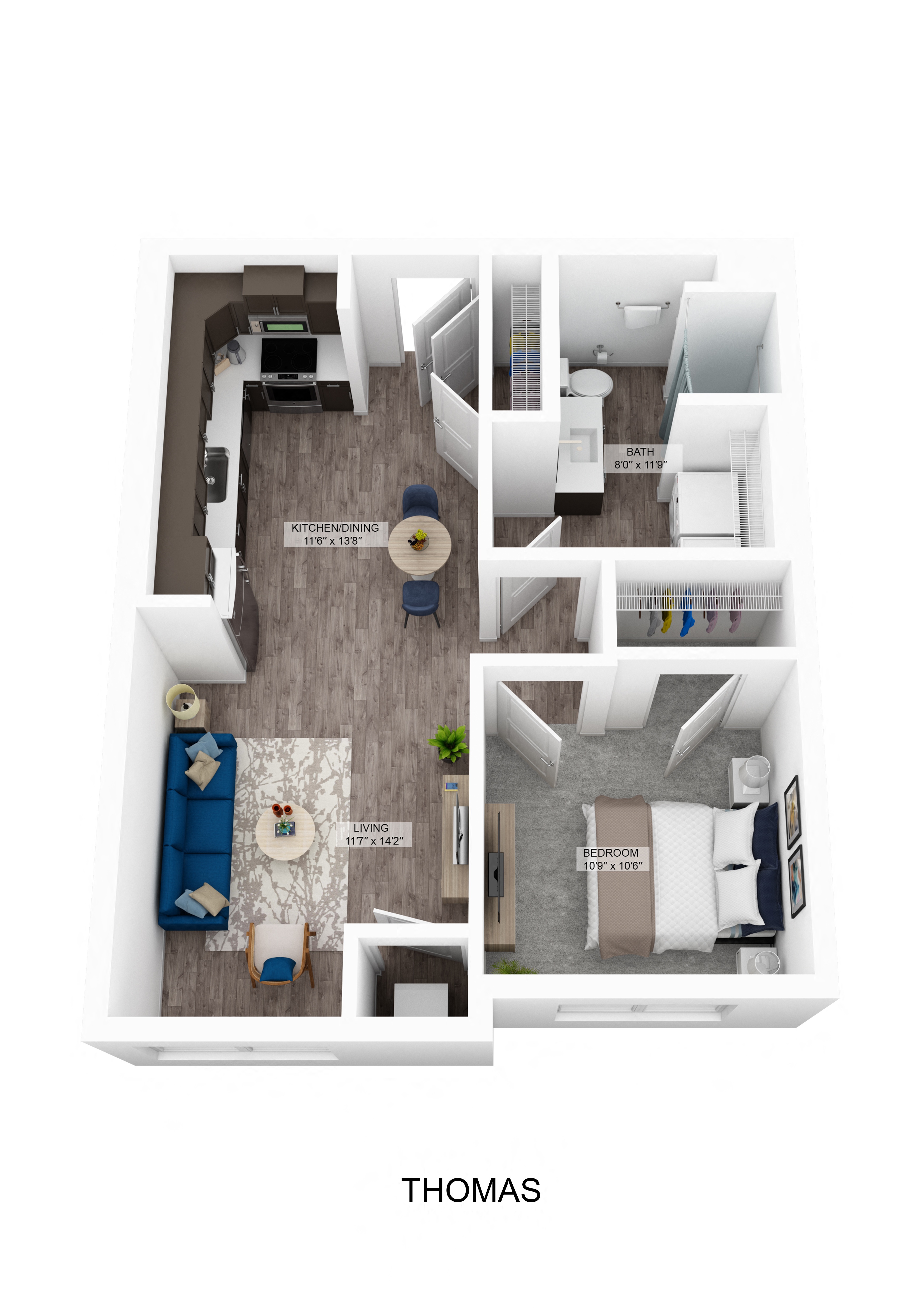 Floor plan for 1 bed, 1 bath, 669 sqft